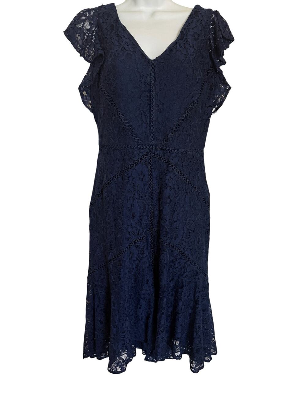 NWT Neiman Marcus Navy Blue Lace Flutter Seleeve Coctail Dress  10